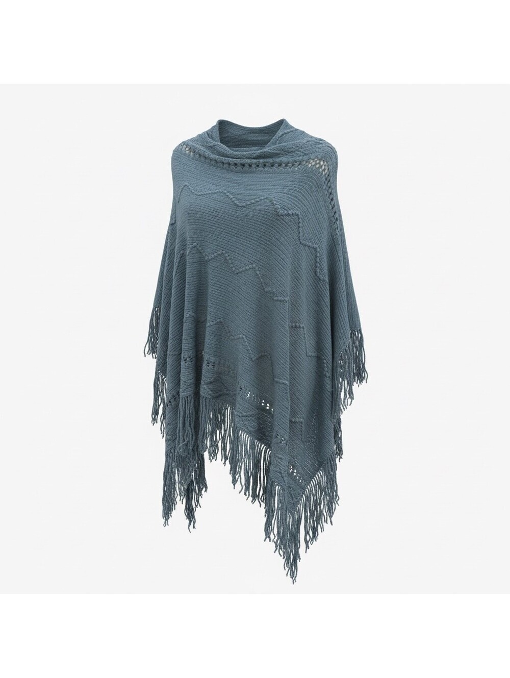 Blue Boho Knit Poncho Cape Shawl Fringe Textured Crochet Whimsical One Size